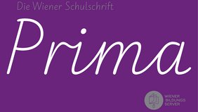 Auf violettem Hintergrund steht "Die Wiener Schulschrift" in klein und "Prima" in groß